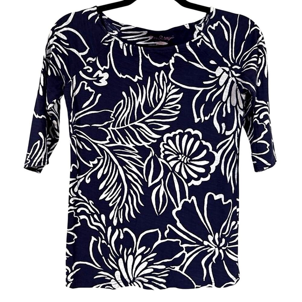 Lilly Pulitzer Top Women’s Small Navy White Floral Cotton Coastal Tee 3/4 Sleeve - Picture 2 of 16